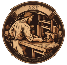 Woodworker working at a bench with the business name "ASE" at the top and "Custom Woodworking" at the bottom.