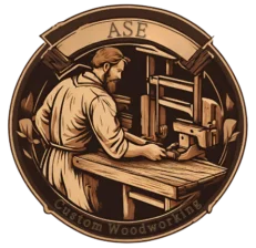 Woodworker working at a bench with the business name "ASE" at the top and "Custom Woodworking" at the bottom.